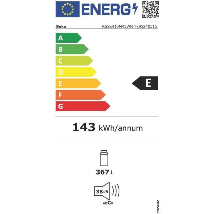 RÈfrigÈrateur monoporte tout utile - BEKO - RSSE415M41WN - Classe E - 367 L - 171,4 x 59,5 x 70 cm - Blanc