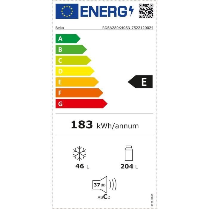 RÈfrigÈrateur pose-libre double porte - BEKO - RDSA280K40SN - Classe E - 250 L - 160,6 x 54 x 57,4 cm - Gris Acier