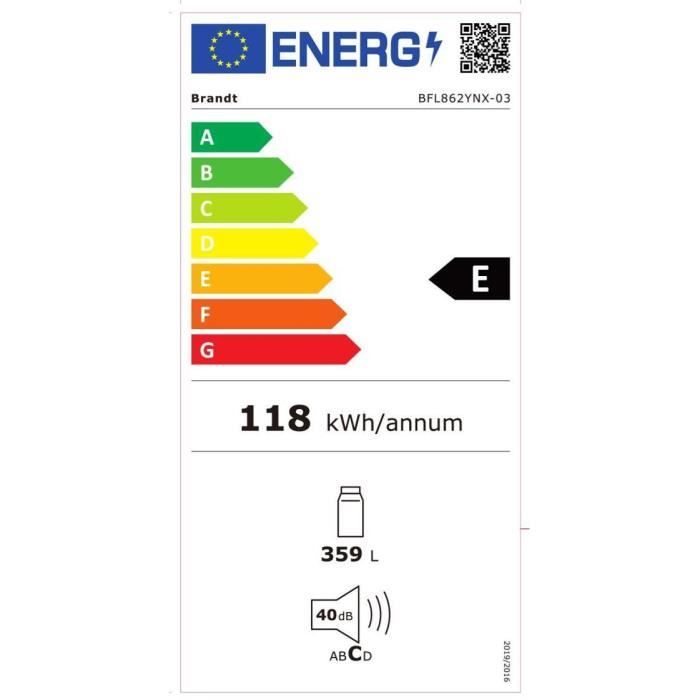 BRANDT BFL862YNX RÈfrigÈrateur 1 porte - 355 L - Froid ventilÈ - L59,5 x H185 cm - Inox