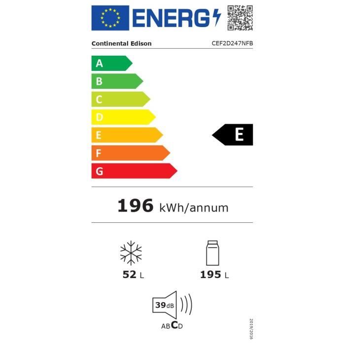 RÈfrigÈrateur congÈlateur haut CONTINENTAL EDISON† - 247L - Total No Frost - Noir - L54,5 cm x H167 cm