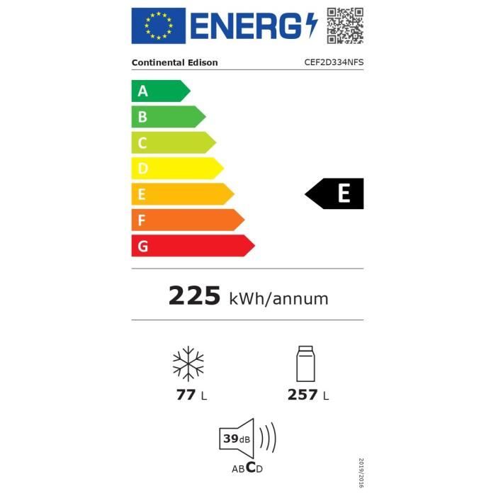 RÈfrigÈrateur congÈlateur haut CONTINENTAL EDISON CEF2D334NFS - total No Frost - Classe E - moteur inverter - 334L -L60xH170cm Inox