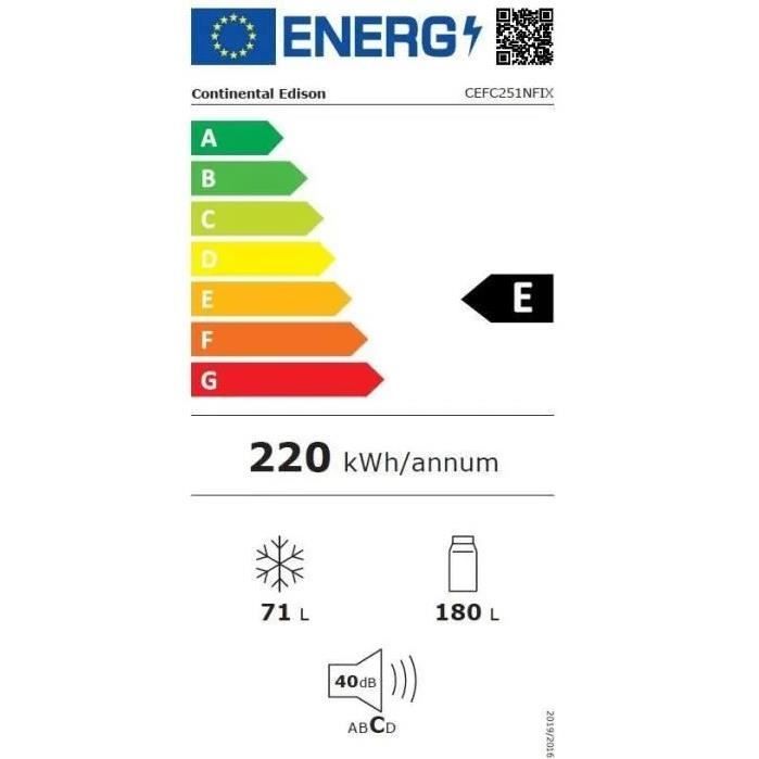 RÈfrigÈrateur congÈlateur bas CONTINENTAL EDISON - 251L -Total No Frost - Inox - L 55 cm x H 180 cm