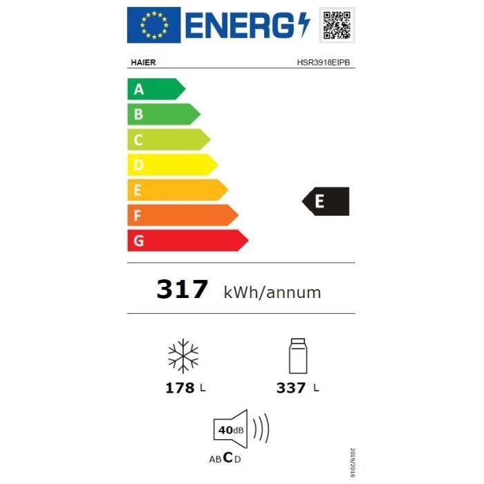 RÈfrigÈrateur amÈricain - HAIER - SBS 90 Series 3 HSR3918EIPB - Classe E - 515 L - 180 x 90 x 65,9 cm - Noir