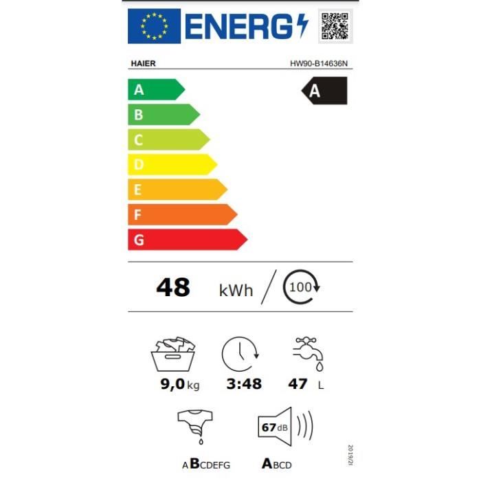 Lave-linge hublot HAIER HW90-B14636N-FR - 9 kg - Direct motion - 1400 trs/min - Classe A - 16 programmes - Blanc