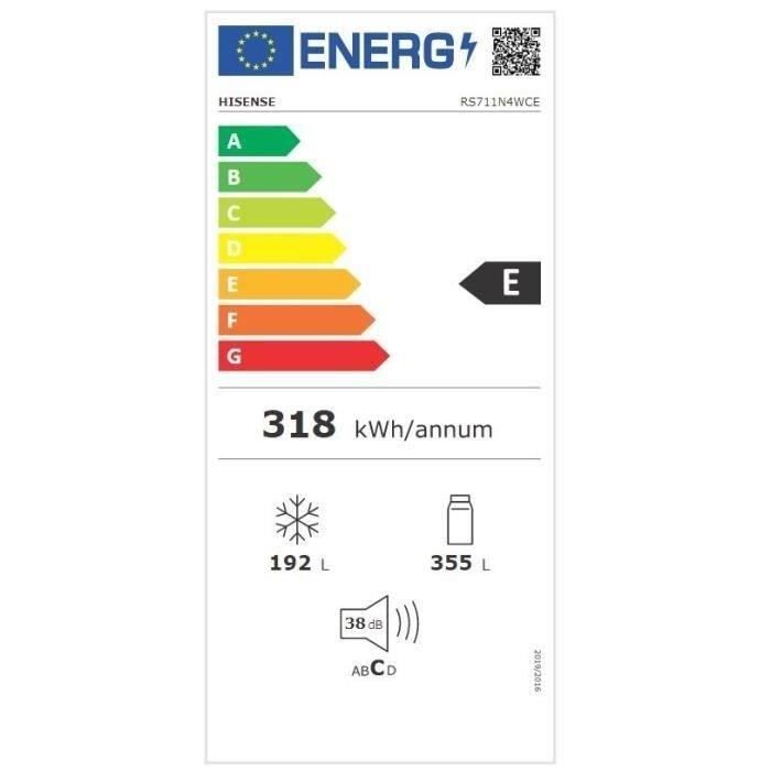 RÈfrigÈrateur amÈricain HISENSE - RS711N4WCE - 2 portes - Classe ÈnergÈtique E - 91 x 64,3 x 178,6 cm - Inox