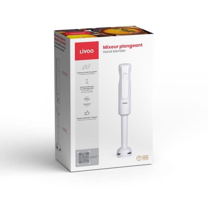 Mixeur plongeant - LIVOO - 300 W - 2 lames en acier inoxydable - 1 vitesse - 19 000 tours / min - Blanc