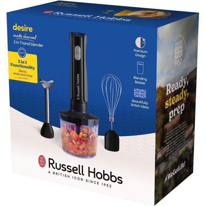 Mixeur plongeant 3 en 1 mixeur/hachoir/fouet - RUSSEL HOBBS - Desire Matte Charcoal - 500 W - 2 vitesses + Pulse - Noir