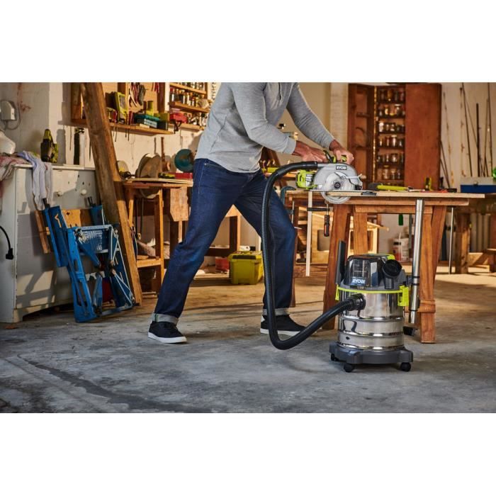 RYOBI - Aspirateur eau et poussiere 18V ONE+ - cuve inox 18 L - 11,4 kPa + flexible 1,8 m & accessoires - R18WDV-0