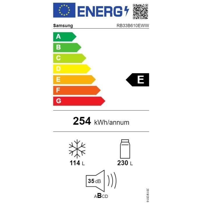 RÈfrigÈrateur congÈlateur - SAMSUNG - RB33B610EWW - 344L - 185cm - E - No Frost - PoignÈes int cÙtÈ - Blanc