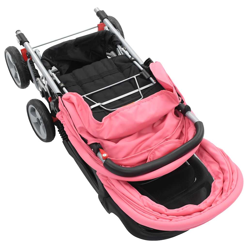 Poussette à deux places rose et noir acier