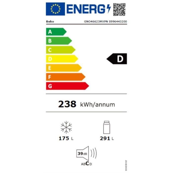 RÈfrigÈrateur multiportes - BEKO - GNO46623MXPN - Classe D - 400L - 180 x 79,5 x 74 cm - Inox