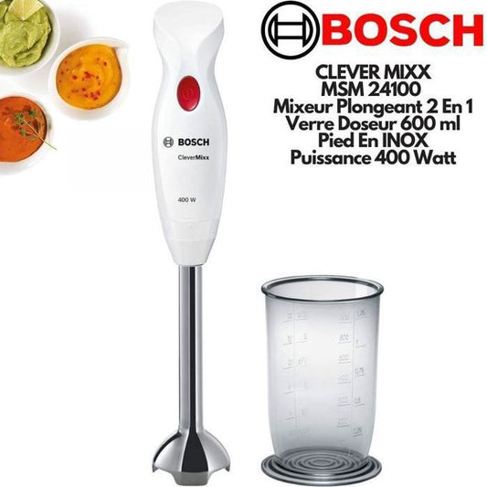 Mixeur plongeant CleverMixx MSM24100 - BOSCH - 400W - Pied dÈtachable inox - 1 vitesse - Bol mixeur - Blanc