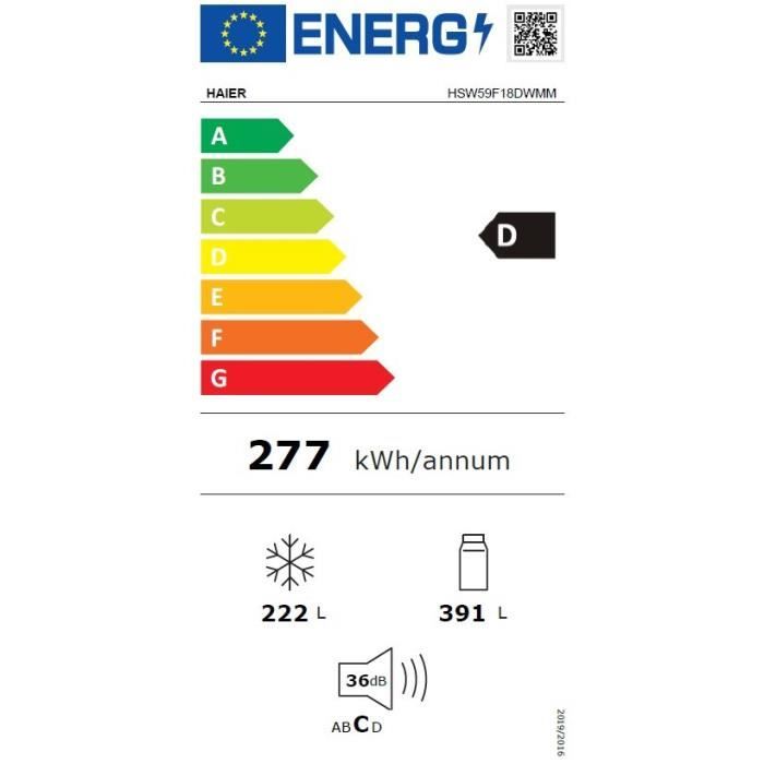 RÈfrigÈrateur amÈricain - HAIER - HSW59F18DWMM - 601L -Distributeur d'eau - Classe D - 177,5 x 90,5 x 71,7 cm - Inox