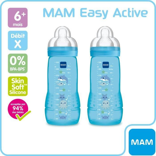 MAM Easy Active 2eme ¬ge Biberon +6m Bleu Plage Lot de 2 x 330ml